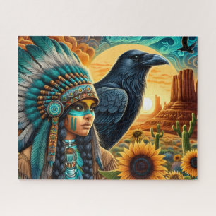 Beautiful Native Woman With Raven And Sunflowers Jigsaw Puzzle