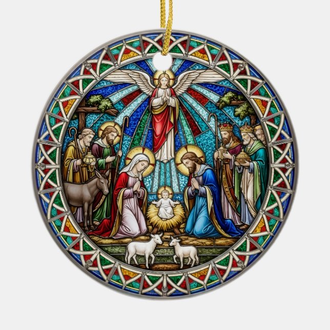 Beautiful Nativity Scene Holy Family Angel Ceramic Ornament (Front)