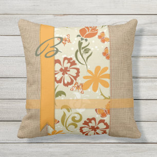 Beautiful Natural Burlap Orange Flower Butterflies Cushion