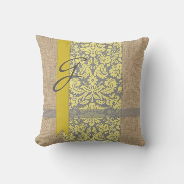Beautiful Natural Burlap Yellow Grey Damask Ribbon Outdoor Cushion (Front)