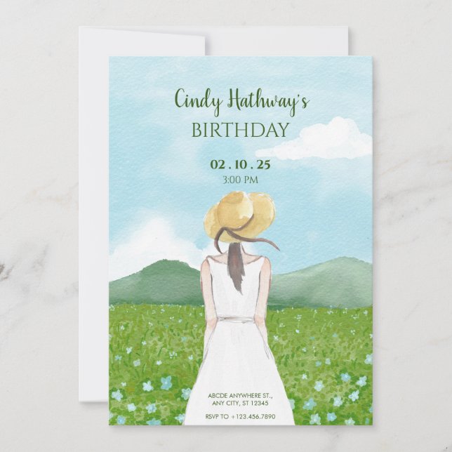 Beautiful nature landscape spring girl birthday invitation (Front)