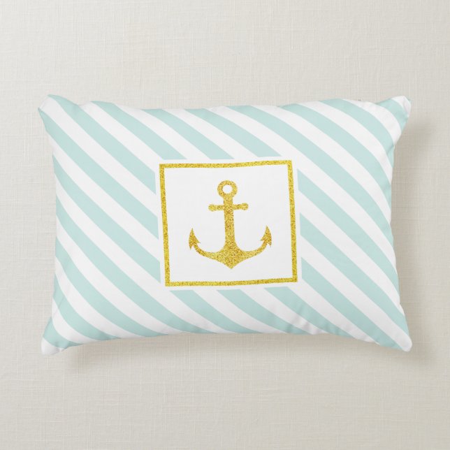 Beautiful Nautical Stripes Faux Glitter Anchor Decorative Cushion (Front)