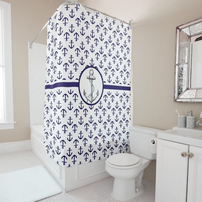Beautiful Nautical Theme Blue Anchor Pattern Shower Curtain (In Situ)