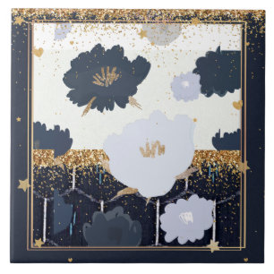 Beautiful Navy Blue and Gold Floral Design Ceramic Tile