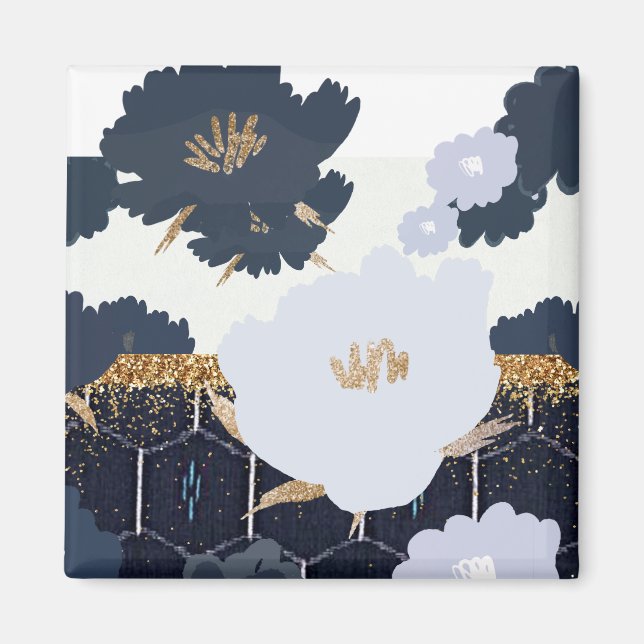 Beautiful Navy Blue and Gold Floral Design Magnet (Front)