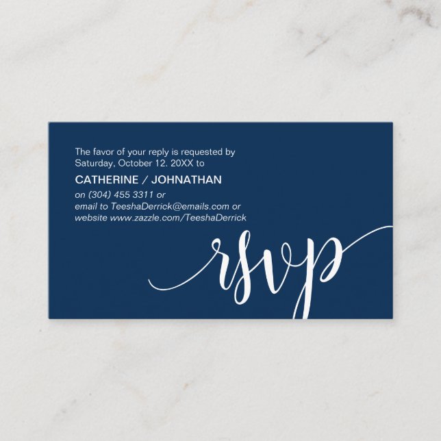 Beautiful Navy Blue Script,, RSVP respond Enclosure Card (Front)