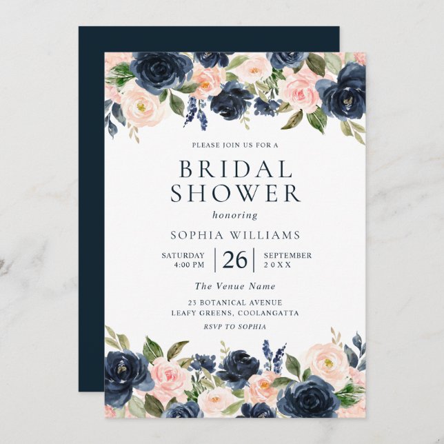 Beautiful Navy & Blush Floral Bridal Shower Invitation (Front/Back)
