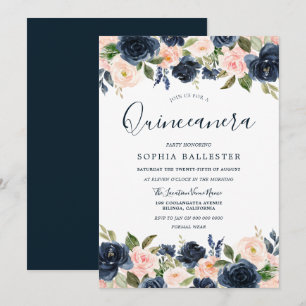 Beautiful Navy & Blush Floral Quinceanera Party Invitation