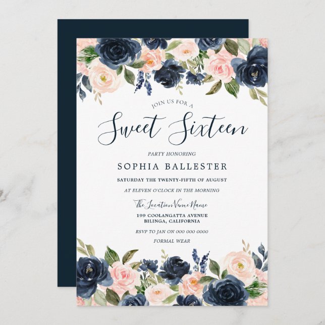 Beautiful Navy & Blush Floral Sweet 16 Party Invitation (Front/Back)