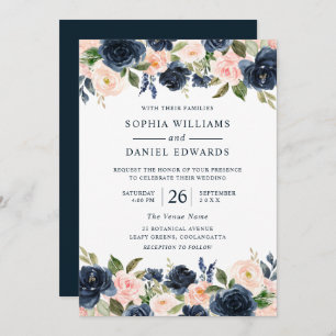 Beautiful Navy & Blush Floral Wedding Invitation