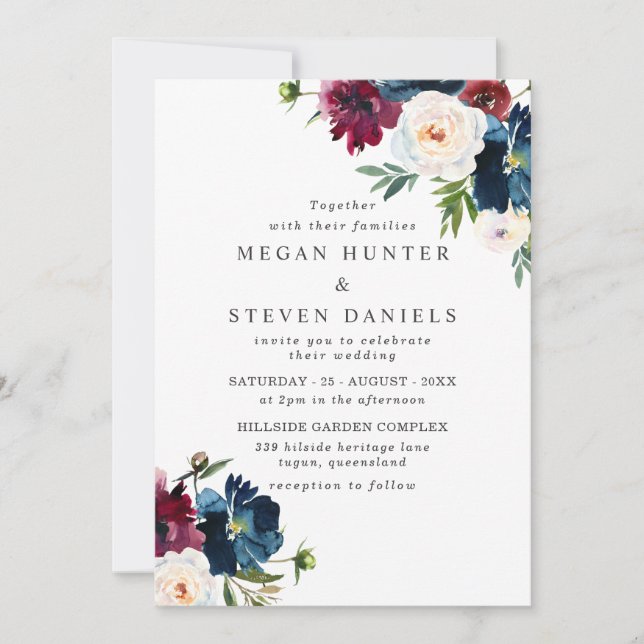 Beautiful Navy Burgundy Red Blush Floral Wedding Invitation (Front)