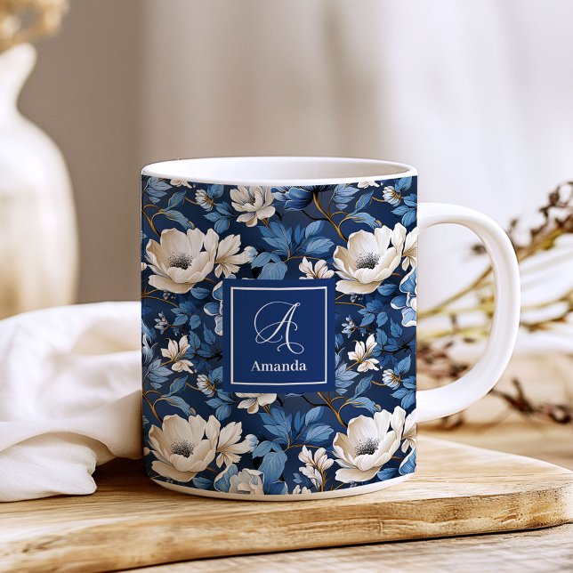 Beautiful Navy Flowers Personalised Floral Coffee  Mug (Beautiful Navy Flowers Personalized Floral Coffee Mug)