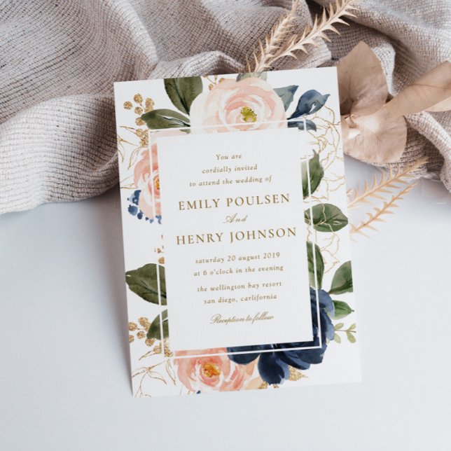 beautiful navy & pink blush blooms wedding invitation (Creator Uploaded)
