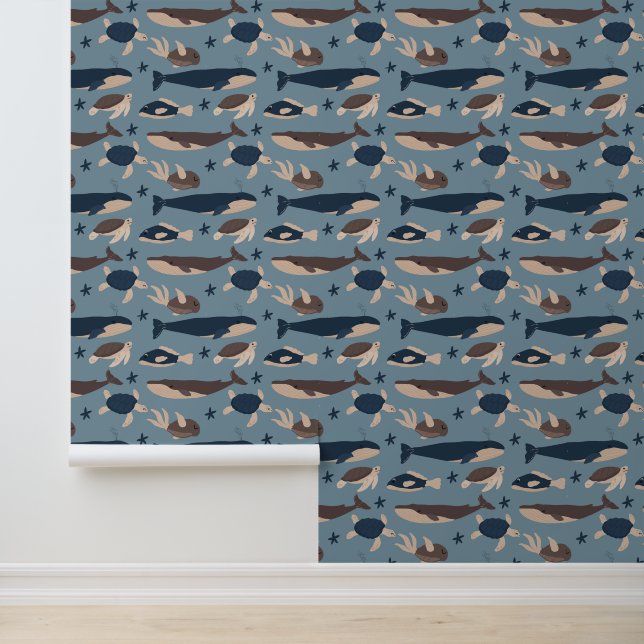 Beautiful Navy Whales Turtles and Fish Wallpaper (Application)
