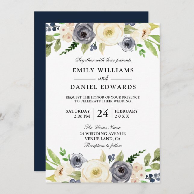 Beautiful Navy & White Champagne Floral Wedding Invitation (Front/Back)