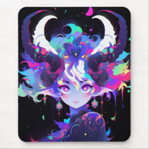 Beautiful Neon Anime Demon Elf Girl with Horns Mouse Pad