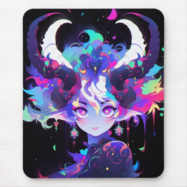 Beautiful Neon Anime Demon Elf Girl with Horns Mouse Pad (Front)