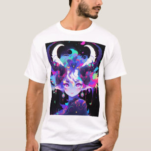 Beautiful Neon Anime Demon Elf Girl with Horns T-Shirt