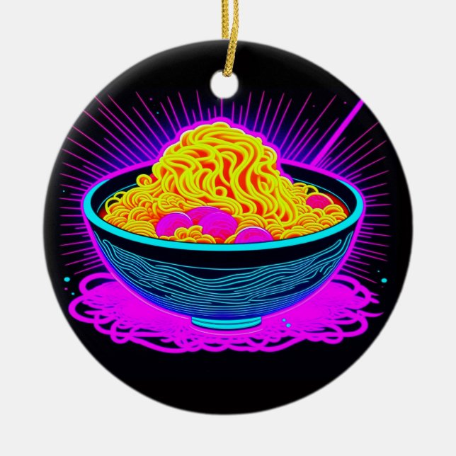 Beautiful Neon bowl with Ramen Noodles Ceramic Ornament (Front)