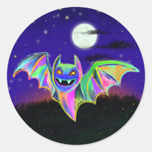 Beautiful neon Halloween bat in the night Classic Round Sticker