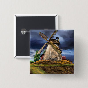 Beautiful Netherlands Windmill Landscape - Drawing 15 Cm Square Badge