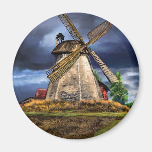 Beautiful Netherlands Windmill Landscape Drawing Magnet