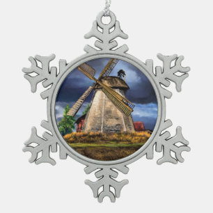 Beautiful Netherlands Windmill Landscape - Drawing Snowflake Pewter Christmas Ornament