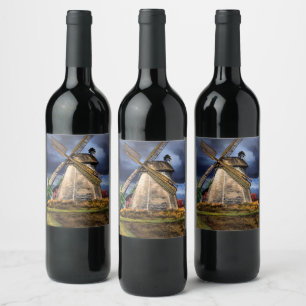 Beautiful Netherlands Windmill Landscape - Drawing Wine Label