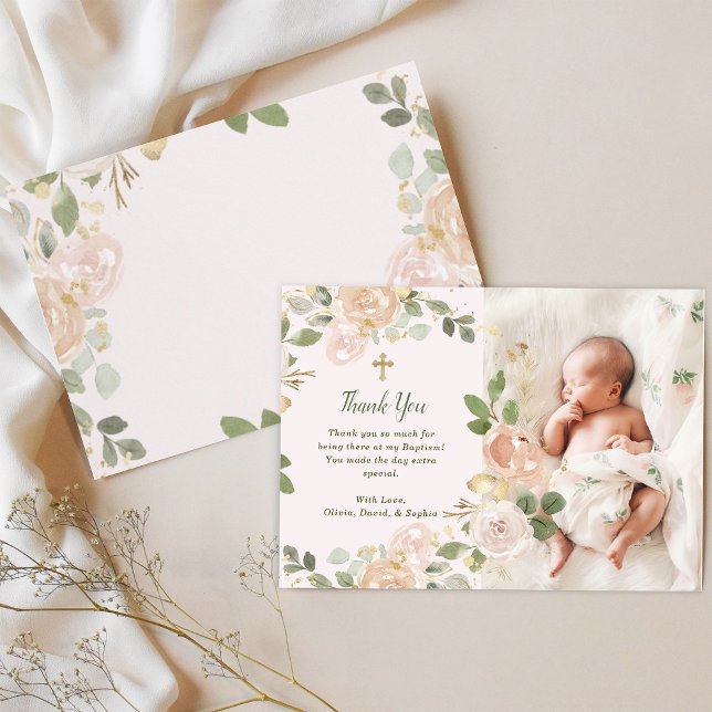 Beautiful Neutral Floral and Cross | Photo Baptism Thank You Card (Creator Uploaded)