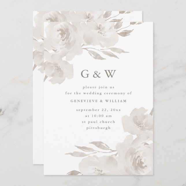 Beautiful Neutral Floral with Monograms Wedding Invitation (Front/Back)
