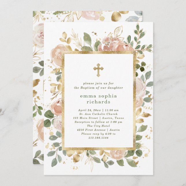 Beautiful Neutral Florals | Photo Back Baptism Invitation (Front/Back)