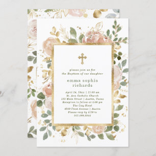 Beautiful Neutral Florals   Photo Back Baptism Invitation