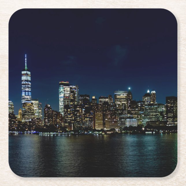 Beautiful New York Skyline at Night Square Paper Coaster (Front)