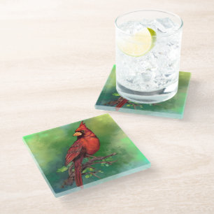 Beautiful Northern Red Cardinal Bird Painting Art Glass Coaster
