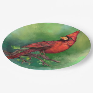 Beautiful Northern Red Cardinal Bird Painting Art  Paper Plate