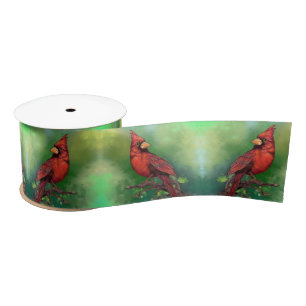 Beautiful Northern Red Cardinal Bird Painting Art Satin Ribbon