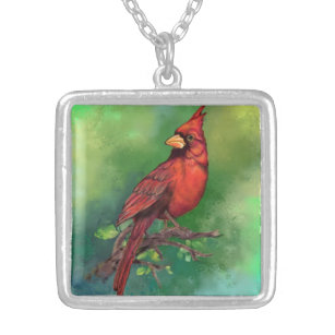 Beautiful Northern Red Cardinal Bird Painting Art  Silver Plated Necklace