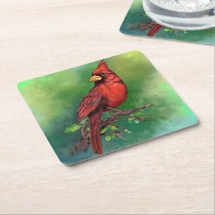 Beautiful Northern Red Cardinal Bird Painting Art  Square Paper Coaster
