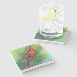 Beautiful Northern Red Cardinal Bird Painting Art Stone Coaster