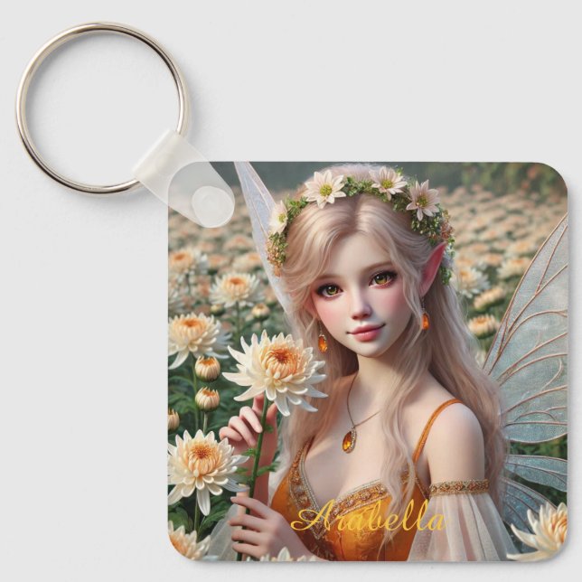 Beautiful November Fairy in Chrysanthemums Key Ring (Front)