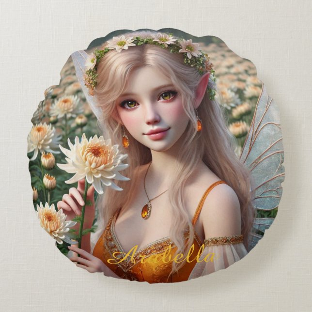 Beautiful November Fairy in Chrysanthemums Round Cushion (Front)