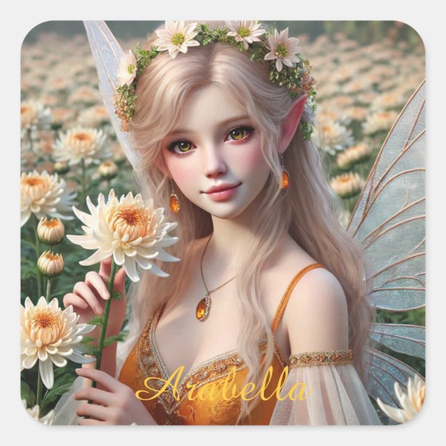 Beautiful November Fairy in Chrysanthemums Square Sticker (Front)