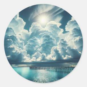 Beautiful Ocean, Dock and Fluffy Clouds Classic Round Sticker