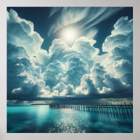 Beautiful Ocean, Dock and Fluffy Clouds
