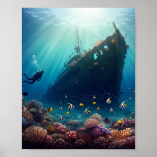 Beautiful ocean reef and shipwreck poster