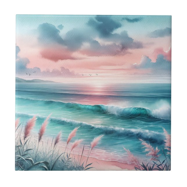 Beautiful Ocean Scene in Pink and Blue Ceramic Tile (Front)