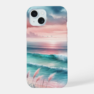 Beautiful Ocean Scene in Pink and Blue iPhone 15 Case