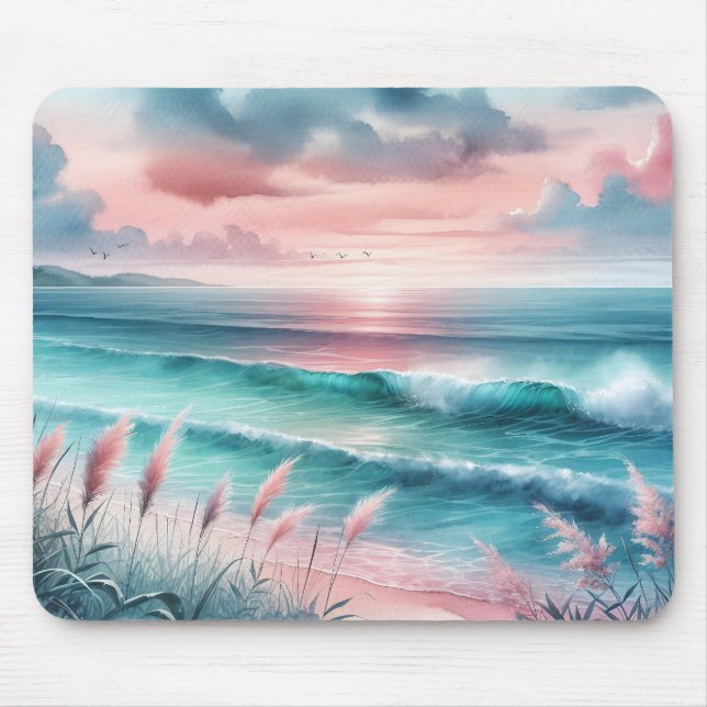 Beautiful Ocean Scene in Pink and Blue Mouse Pad (Front)