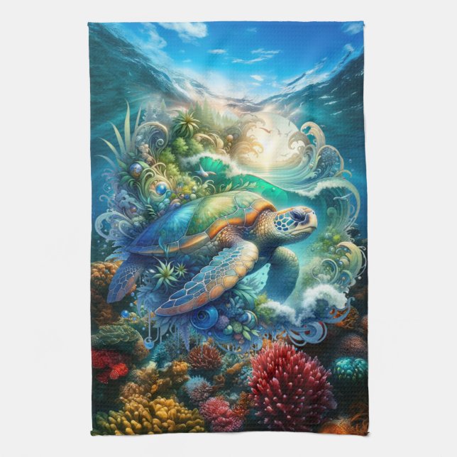 Beautiful Ocean Sea Turtle Kitchen Towel (Vertical)