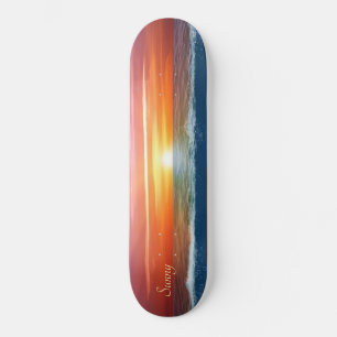 Beautiful ocean sunrise and calligraphy skateboard